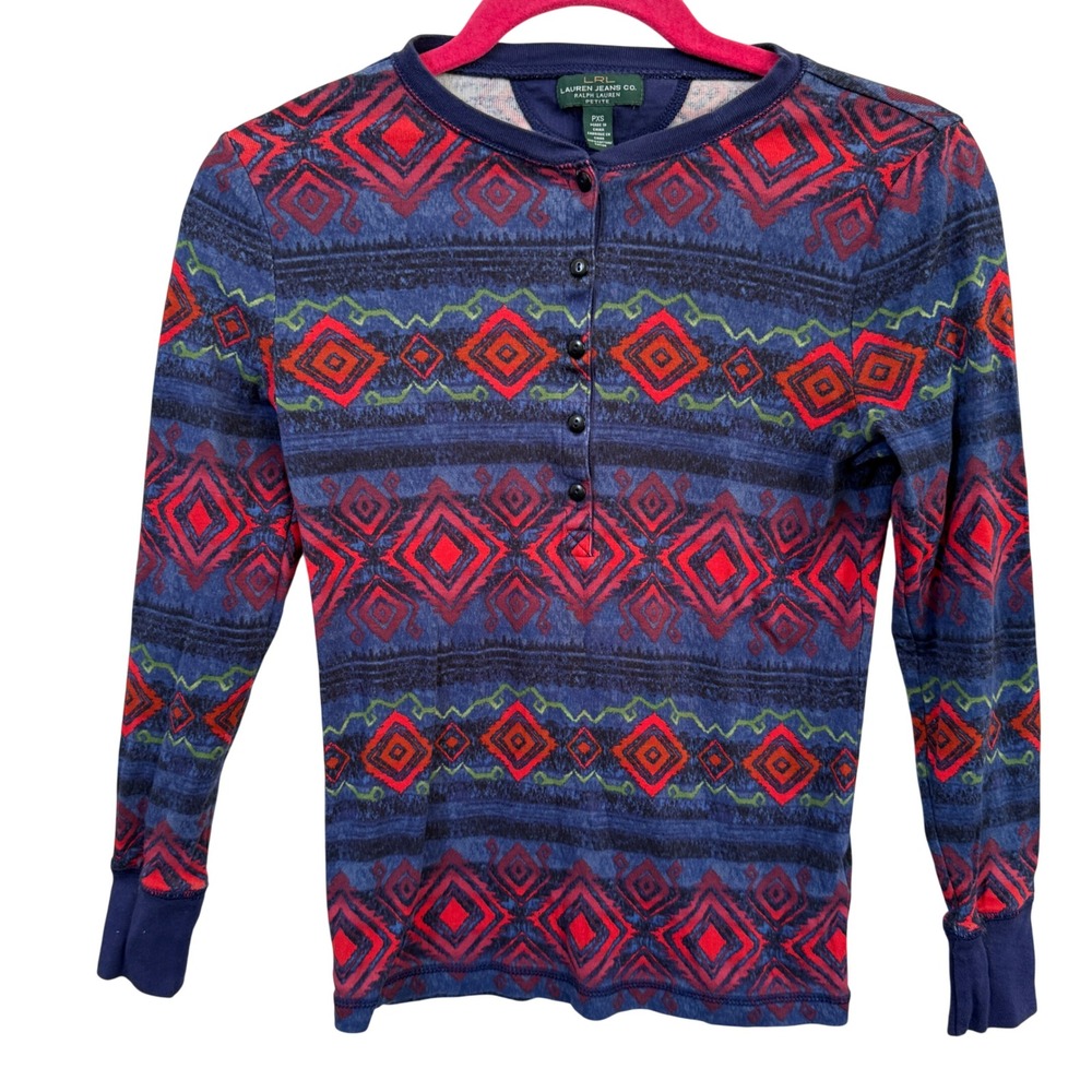 LRL Lauren Jeans Co Womens Aztec Print Henley Sz PXS Tribal‎ Boho Western Ranch